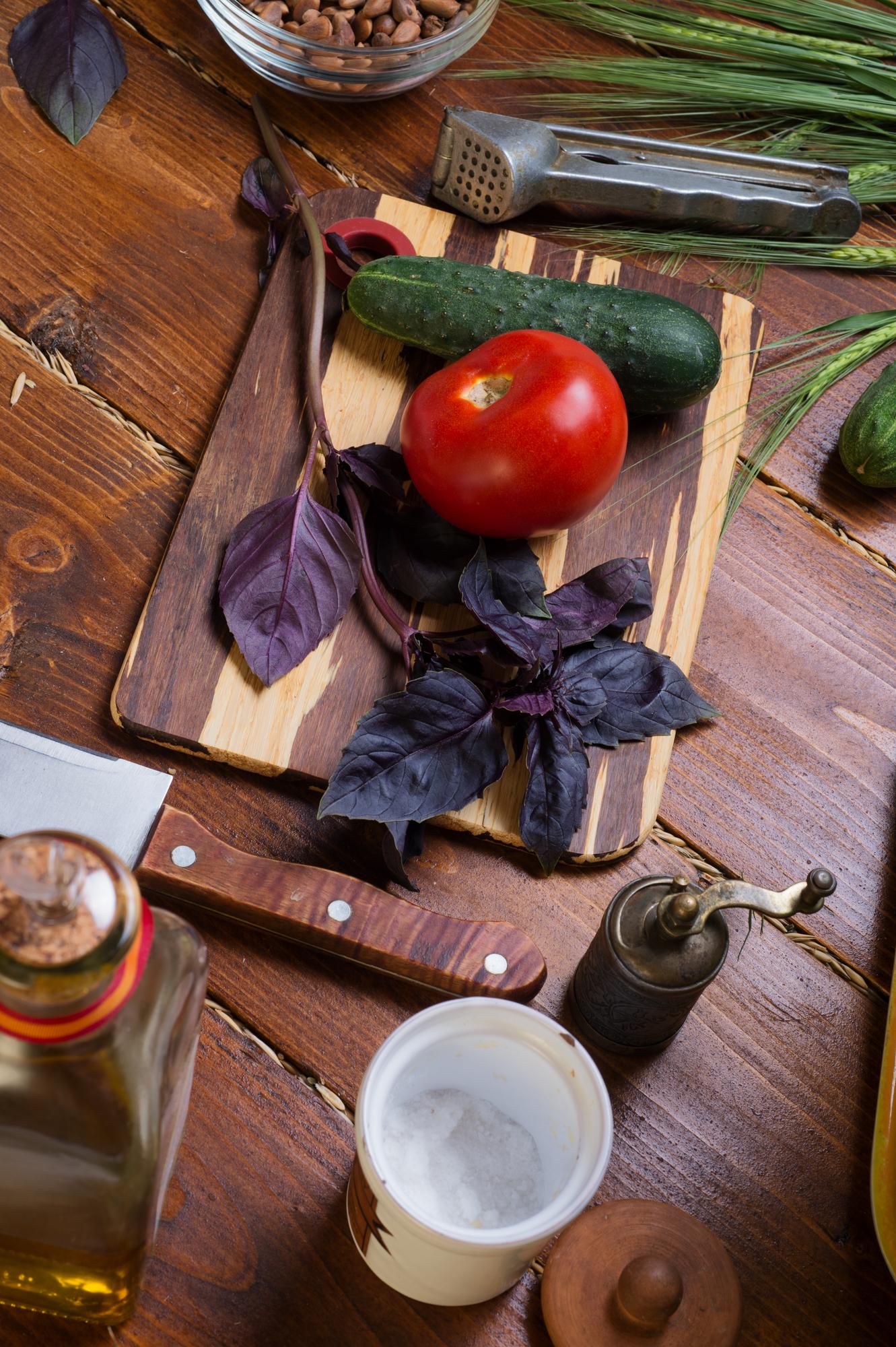 Close-up of curated ingredients on wooden table